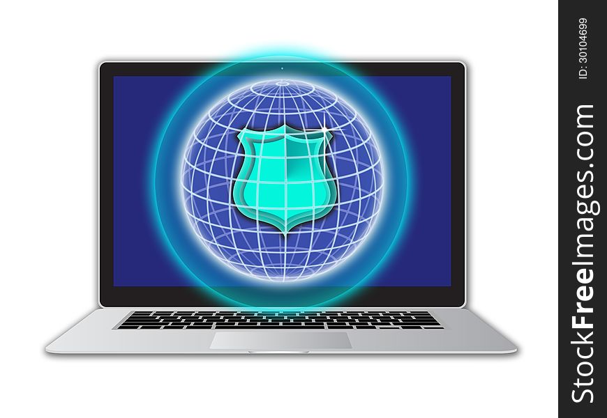 An image for the concept of secure delivery of email data when it is transfer over the internet using a laptop computer. The image shows a secure sphere network and a shield symbol inside the net positioned over a laptop keyboard. An image for the concept of secure delivery of email data when it is transfer over the internet using a laptop computer. The image shows a secure sphere network and a shield symbol inside the net positioned over a laptop keyboard.