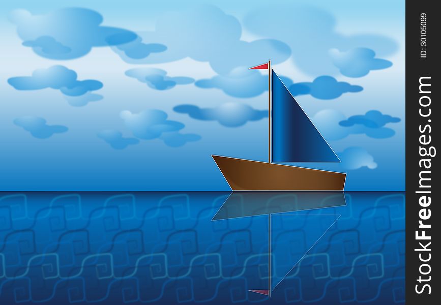 Ship with a sail on water surface with pale blue clouds. Ship with a sail on water surface with pale blue clouds