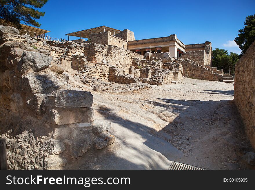 Knossos palace at Crete, Greece, is the largest Bronze Age archaeological site on Crete. Knossos palace at Crete, Greece, is the largest Bronze Age archaeological site on Crete