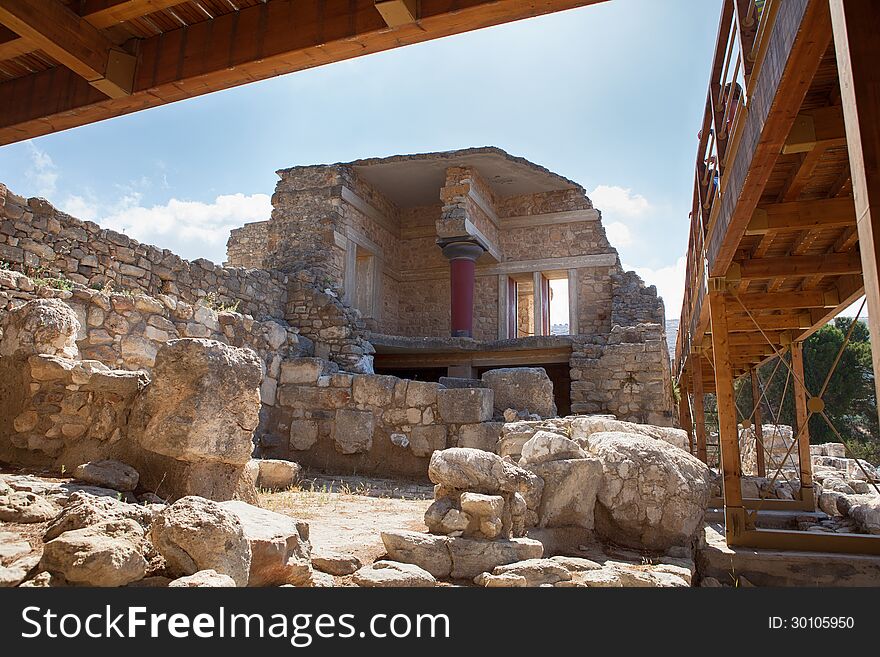 Knossos palace at Crete, Greece, is the largest Bronze Age archaeological site on Crete. Knossos palace at Crete, Greece, is the largest Bronze Age archaeological site on Crete