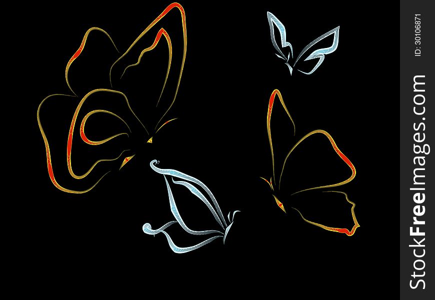 Multi-colored butterflies, black background, contour, gold and silver on the black