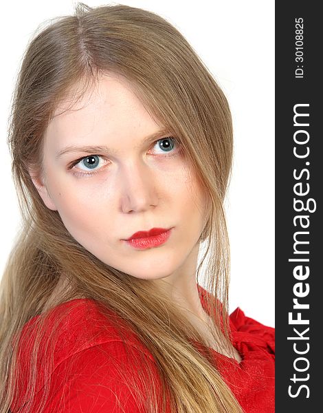 Close-up studio portrait of young beautiful woman in red on white background. Close-up studio portrait of young beautiful woman in red on white background