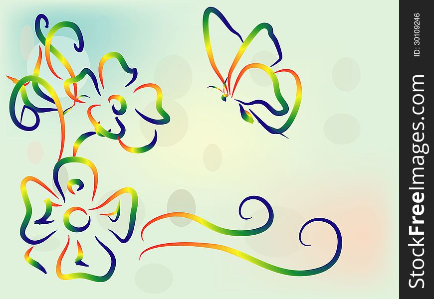 Iridescent flowers and butterfly, gentle green background, drawing brush. Iridescent flowers and butterfly, gentle green background, drawing brush