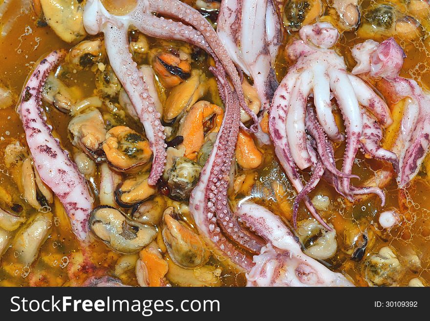 Seafood octopus and mussels marinade