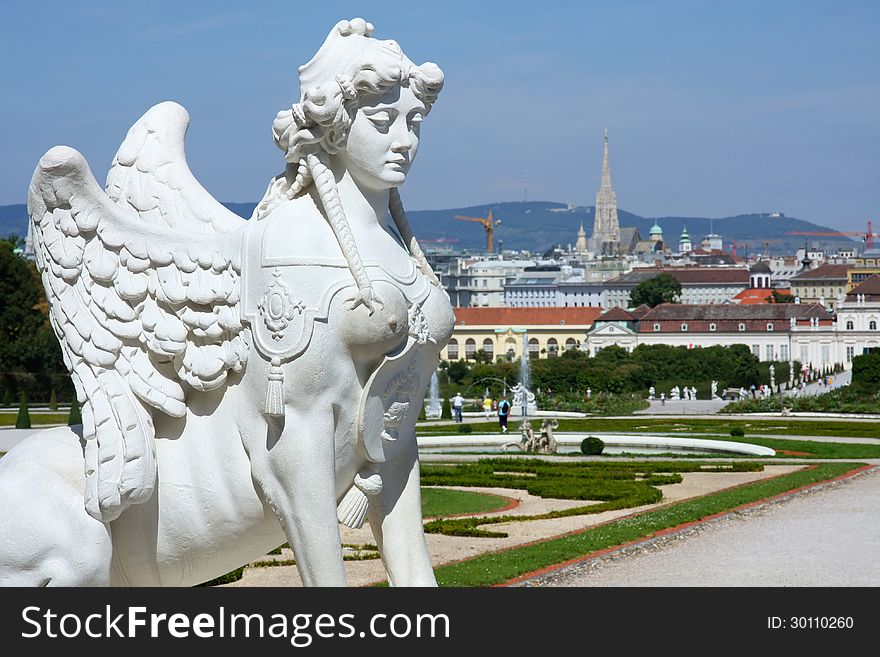 Sphinx statue and Belvedere garden in Vienna, Austria