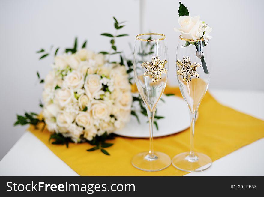 Wedding Glasses And Groom Boutonniere