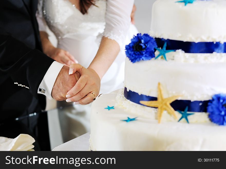 Groom and bride hands cutting a decorated wedding cake. Groom and bride hands cutting a decorated wedding cake