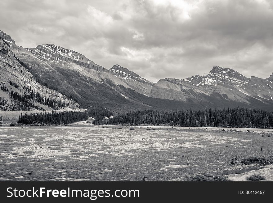 Black and white Canadian Rocky Mountain Road between Banff and Jasper