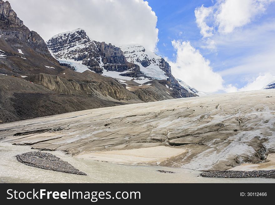 Lower part of the Athabasca Glacier park in the Canadian Rocky Mountains