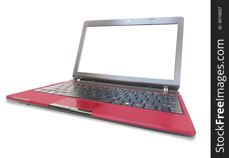 Red Laptop on a white with blank screen. Red Laptop on a white with blank screen.