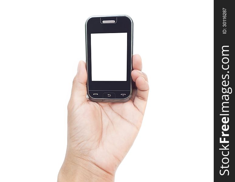 Hand holding mobile smart phone with blank screen. Isolated on white.