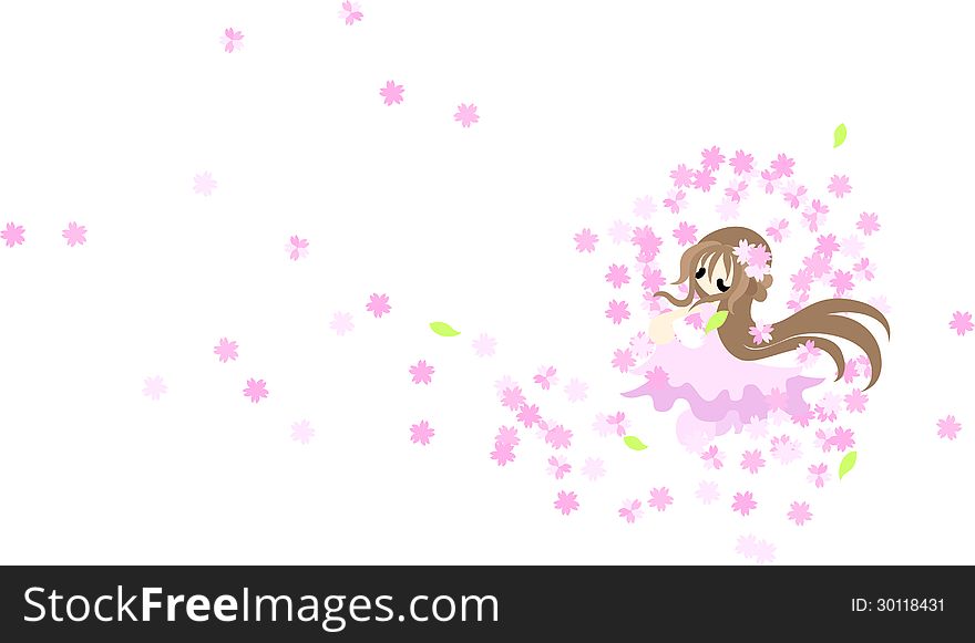 A girl of long hair dancing brilliantly with cherry blossoms. A girl of long hair dancing brilliantly with cherry blossoms.
