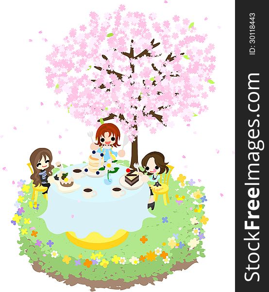 Lets enjoy cherry-blossom viewing while eating sweet cakes under the beautiful cherry tree. Lets enjoy cherry-blossom viewing while eating sweet cakes under the beautiful cherry tree.