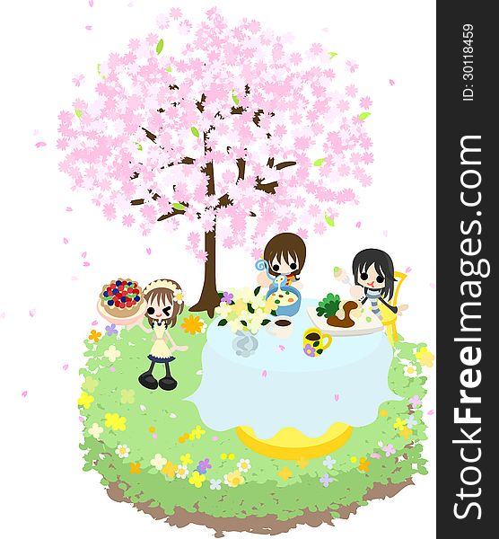 Lets enjoy cherry-blossom viewing while eating soup and seafoods, pie of the fruits under the beautiful cherry tree. Lets enjoy cherry-blossom viewing while eating soup and seafoods, pie of the fruits under the beautiful cherry tree.