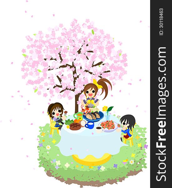 Lets enjoy cherry-blossom viewing while eating a hamburger steak and seafood, spaghetti under the beautiful cherry tree. Lets enjoy cherry-blossom viewing while eating a hamburger steak and seafood, spaghetti under the beautiful cherry tree.
