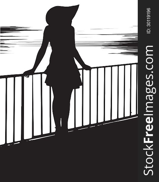 Black silhouette of the girl on the bridge in the evening by the sea. Black silhouette of the girl on the bridge in the evening by the sea