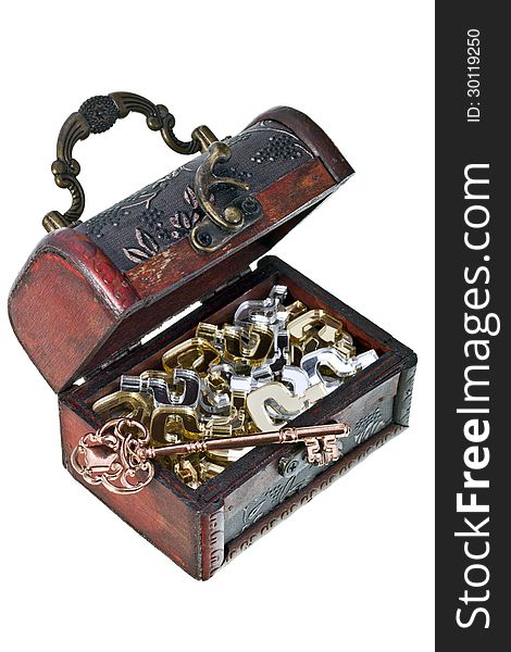 Golden and silver plexiglas question marks with an old skeleton key in a treasure chest isolated on white. Golden and silver plexiglas question marks with an old skeleton key in a treasure chest isolated on white.