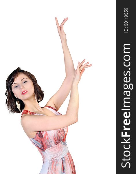 Portrait of a young attractive girl with the hands raised up on white background. Place for text design. Portrait of a young attractive girl with the hands raised up on white background. Place for text design.