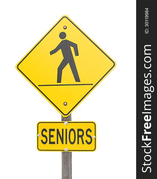 Yellow sign warning of a pedestrian street crossing used by senior citizens. Isolated on white. Yellow sign warning of a pedestrian street crossing used by senior citizens. Isolated on white.