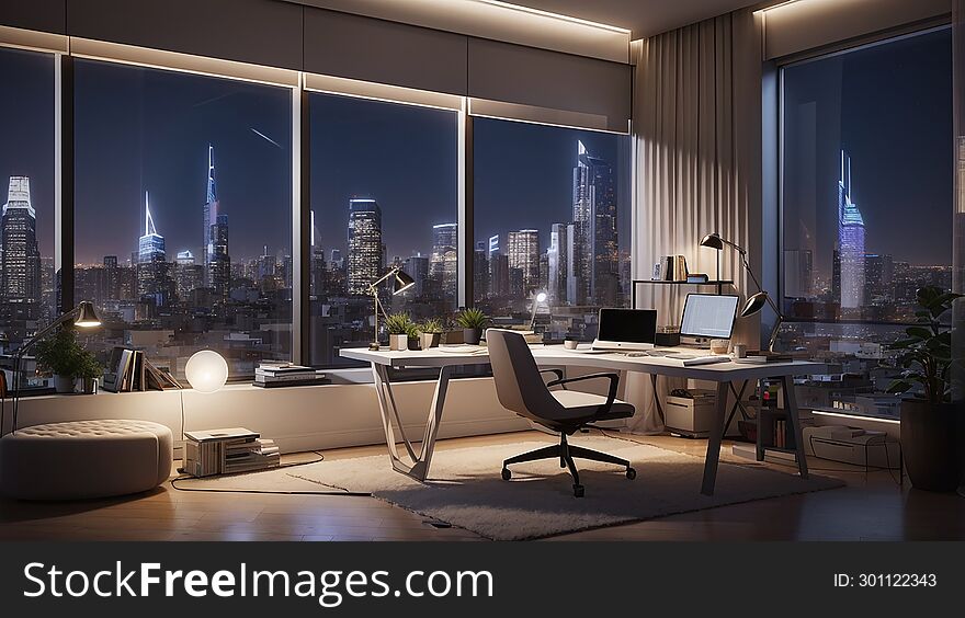 A sleek and modern freelancers dark night office with a large window overlooking a bustling cityscape. A sleek and modern freelancers dark night office with a large window overlooking a bustling cityscape