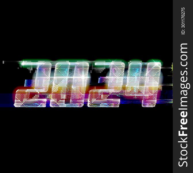 New Year 2024 3D Glitched Chrome Numeric Type Illustration, Black Background