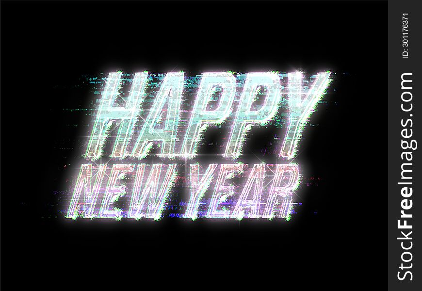 Glitched Pastel Chrome Happy New Year Typography with Shining Light, Futuristic Artwork