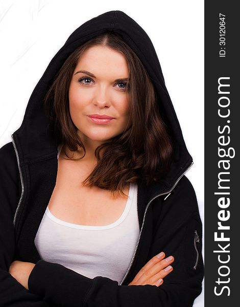 A high resolution image of a beautiful female trainer with hooded jumper