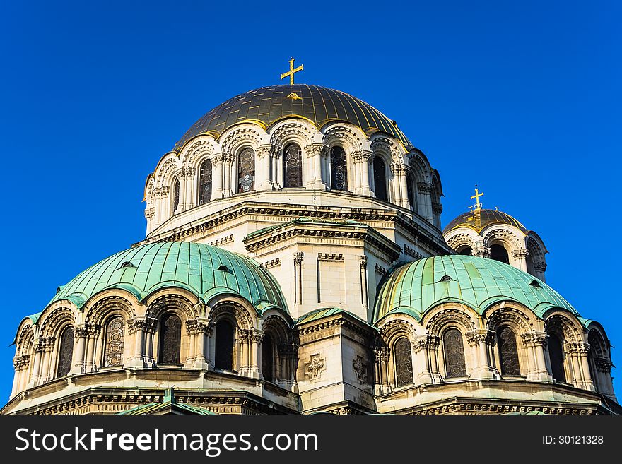 Close up of St. Alexander Nevski Orthodox Cathedral in Sofia, Bulgaria.