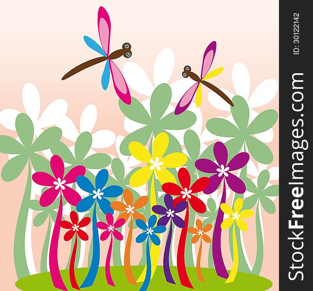 Vector graphic background with beautiful colorful stylized flowers and dragonflies. Vector graphic background with beautiful colorful stylized flowers and dragonflies