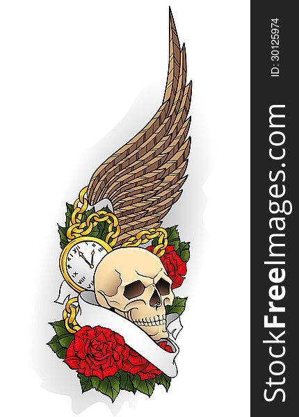 Tattoo with a skull, roses and wings on background. Contour and color on separate layers. Tattoo with a skull, roses and wings on background. Contour and color on separate layers