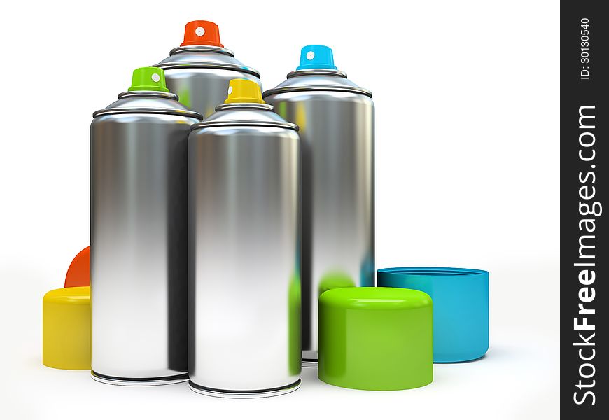 Row of containers with multicolored paint on white background