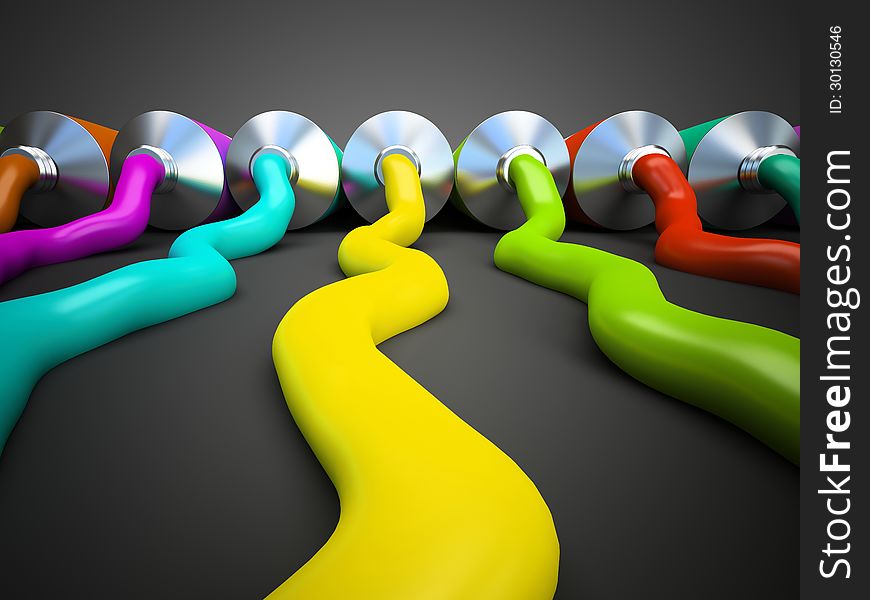 Row of tubes with multicolored paint on grey background