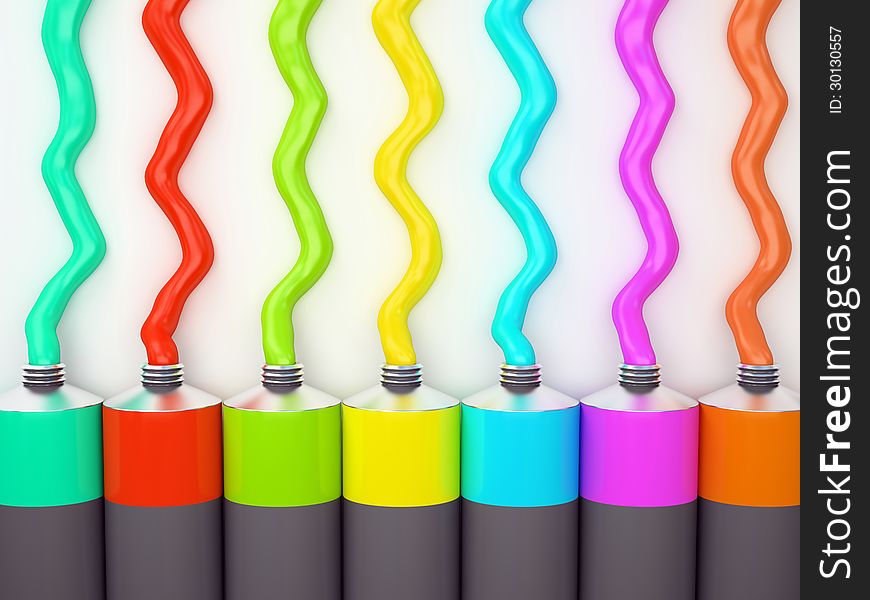 Row of tubes with multicolored paint on white background 3D illustration