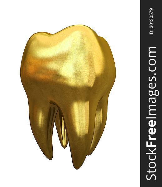 Golden tooth isolated on white background 3D illustration