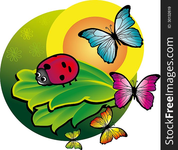 Vector ladybug illustration. Green leaves design with ladybug. 4 Butterflies. Vector ladybug illustration. Green leaves design with ladybug. 4 Butterflies.