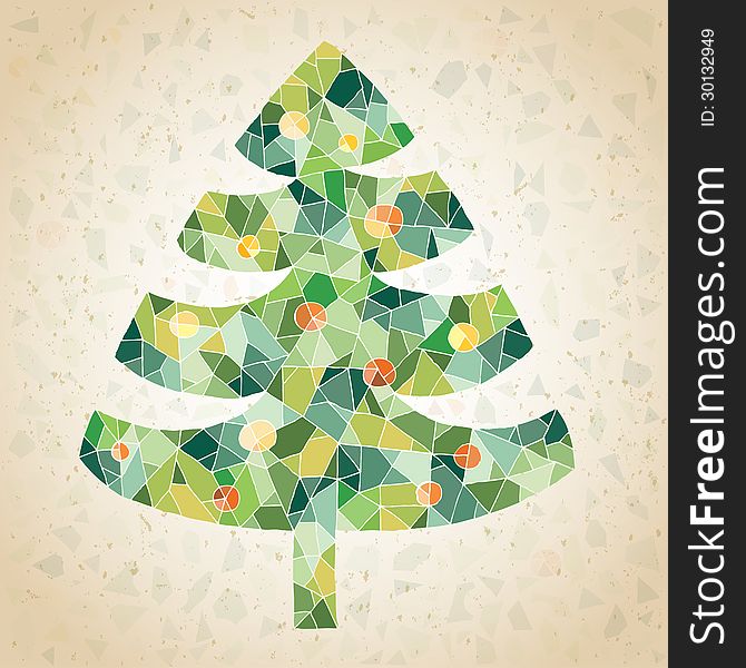 Grunge Mosaic Christmas Tree Greeting Card made of small mosaic pieces in green colors, on gradient background. Illustration is in eps10 mode!