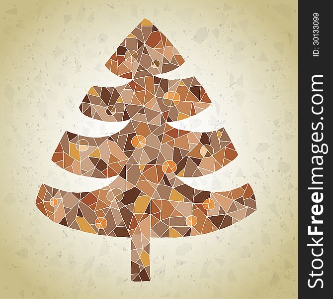 Grunge Mosaic Christmas Tree Greeting Card made of small mosaic pieces in brown colors, on gradient background. Illustration is in eps10 mode!