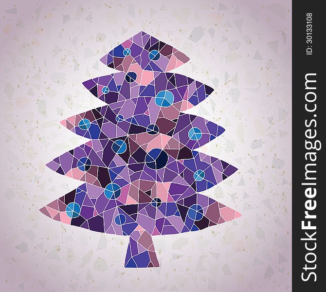 Grunge Mosaic Christmas Tree Greeting Card made of small mosaic pieces in violete colors, on gradient background. Illustration is in eps10 mode!