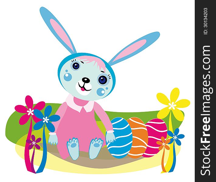 Vector graphic illustration of beautiful colored Easter eggs and flowers with cute rabbit girl. Vector graphic illustration of beautiful colored Easter eggs and flowers with cute rabbit girl