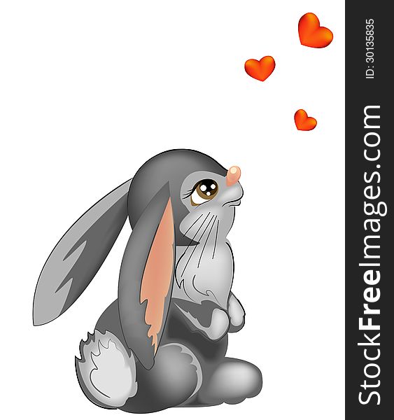 Cute rabbit looking at three little hearts. Cute rabbit looking at three little hearts