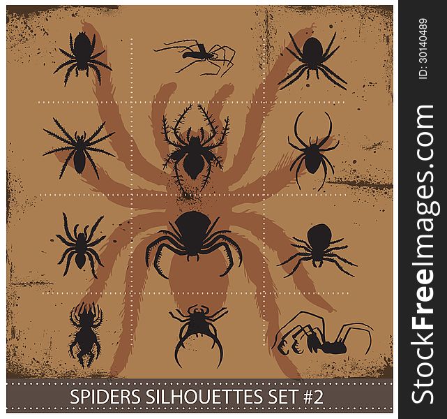 Halloween spiders silhouettes symbols set black isolated