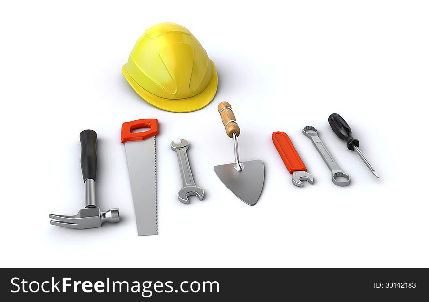 Yellow construction helmet with tools on the white background (3d render). Yellow construction helmet with tools on the white background (3d render)