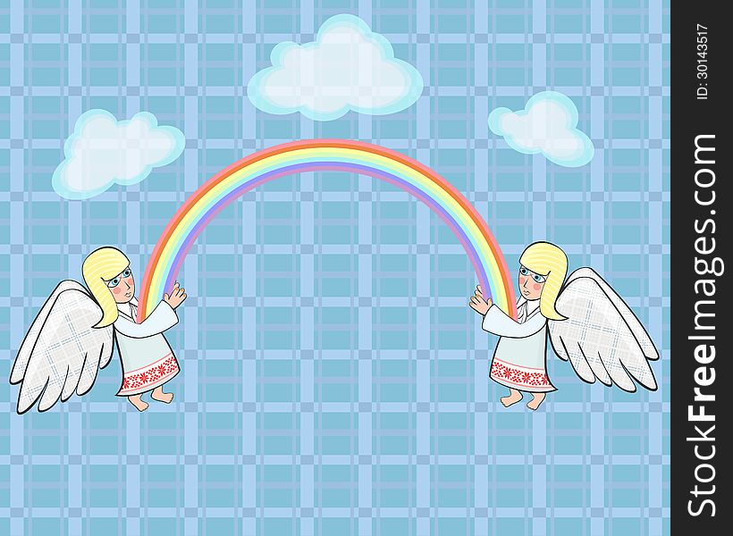 Two angels and rainbow in ethno Belarusian style. Two angels and rainbow in ethno Belarusian style