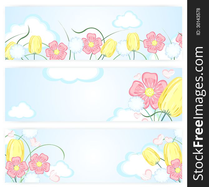 Set of three banners with spring flowers over pale sky. Set of three banners with spring flowers over pale sky