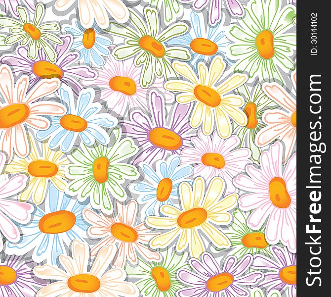 Flower camomile seamless pattern pastel background. Daisies medical vector sketch illustration.