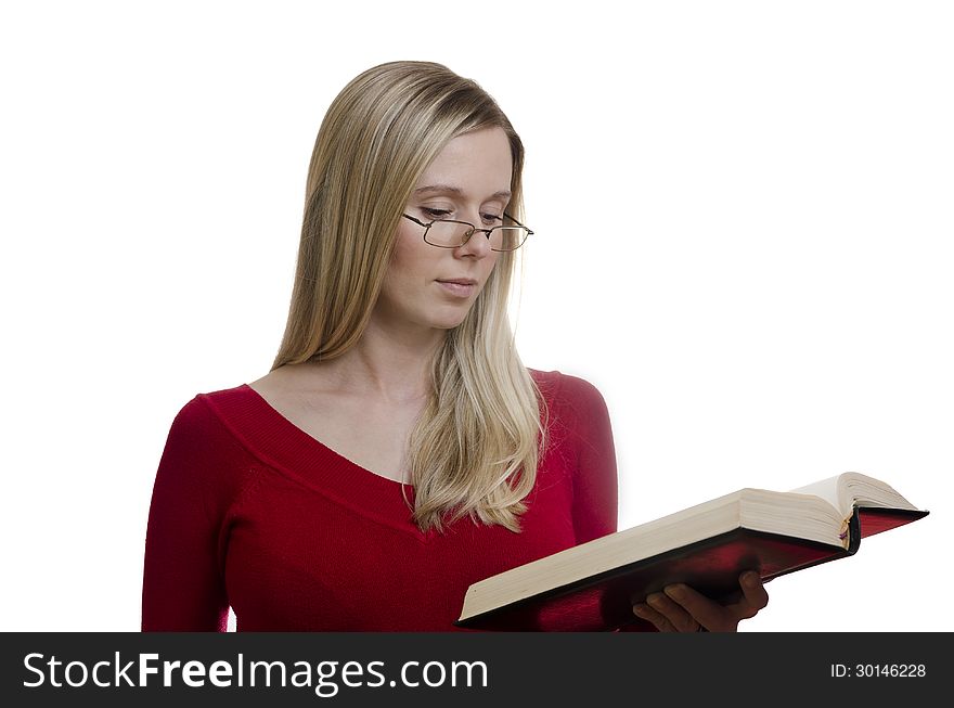 Woman Reading A Book On White Background