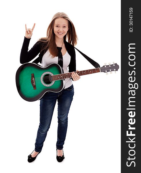 Young beauty music girl with guitar on white background. Young beauty music girl with guitar on white background