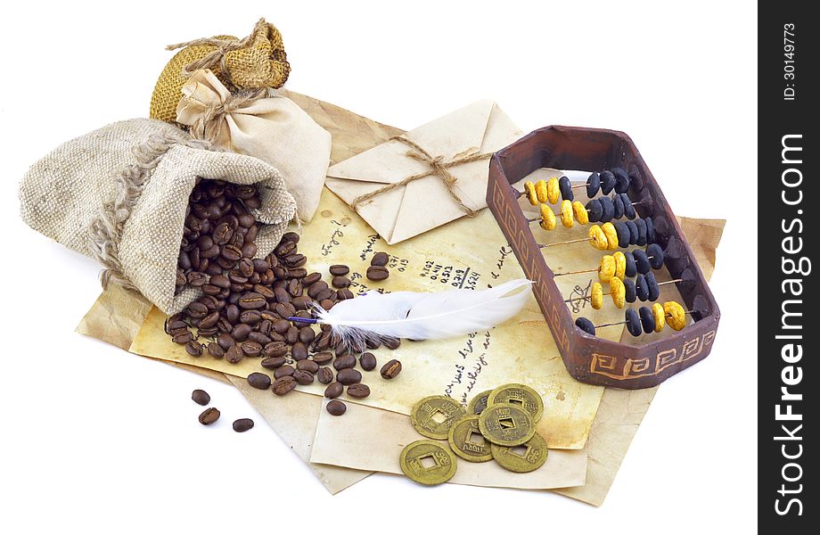 Heap of business papers with calculator and coffee beans in bag isolated. Heap of business papers with calculator and coffee beans in bag isolated