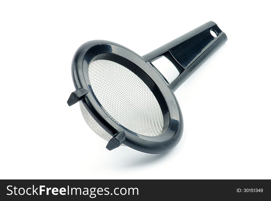 Black Colander with Stainless Steel Strainer isolated on white background