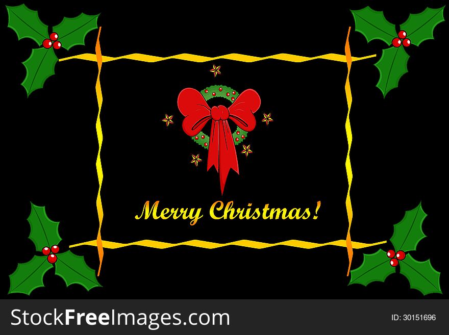 Merry christmas card with floral background in black